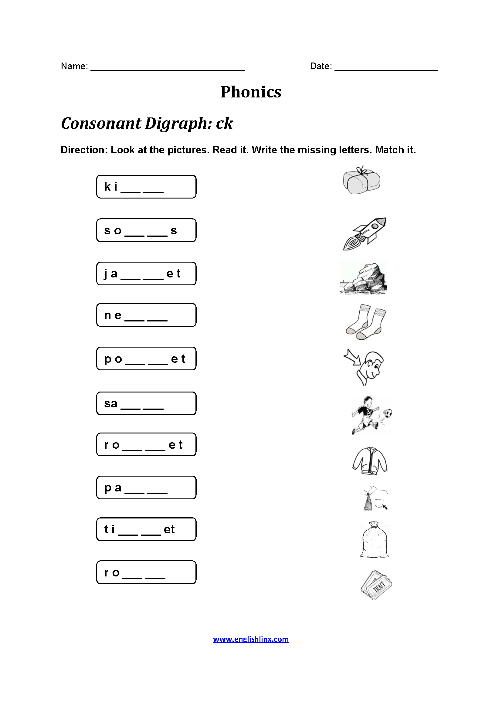 Consonant Diagraph CK Phonics Worksheets